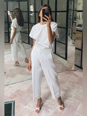 NWOT Zara White Cropped Ankle Pants Cuffed Wide Sz XS